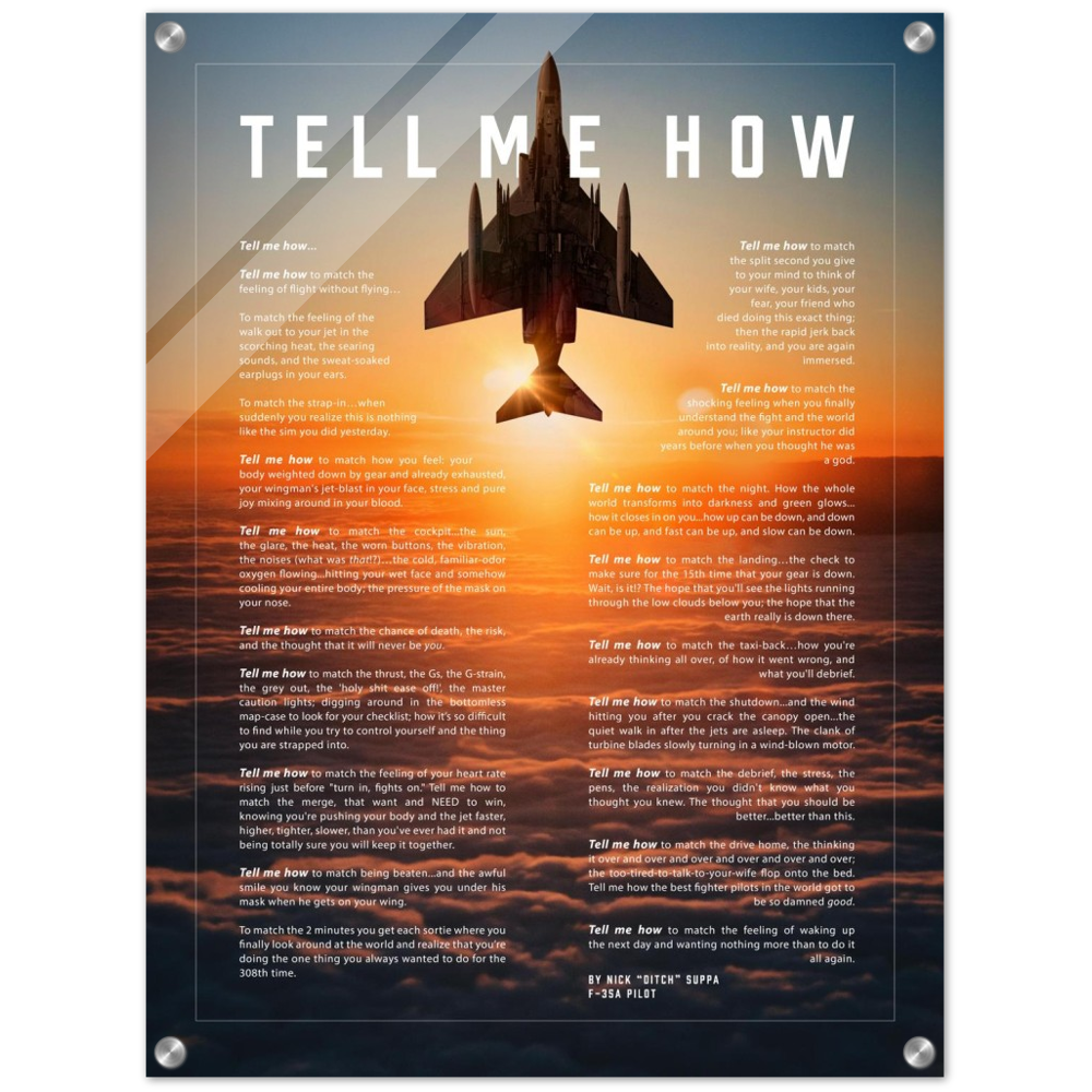 F-4 Phantom Acrylic print ready to hang with the Tell Me How description of military flight.