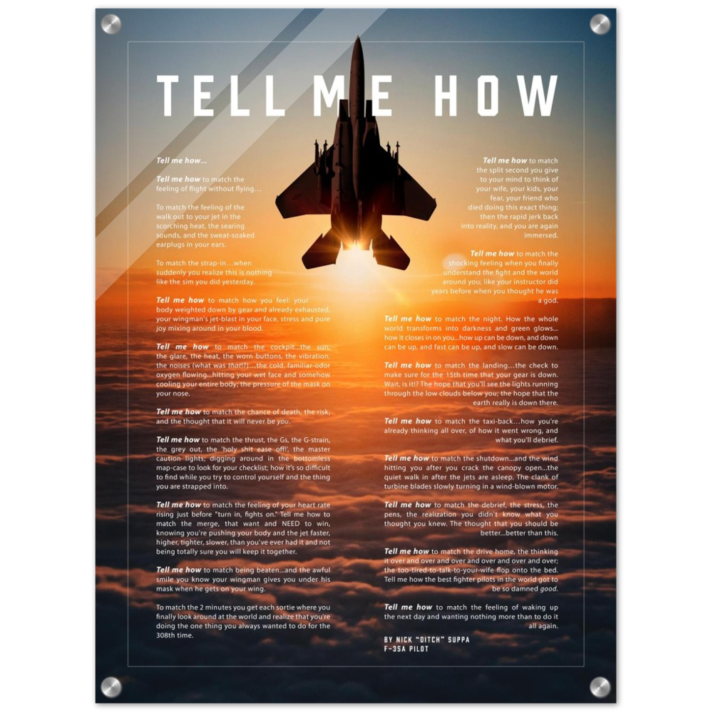 F-15 Eagle Acrylic print ready to hang with the Tell Me How description of military flight.