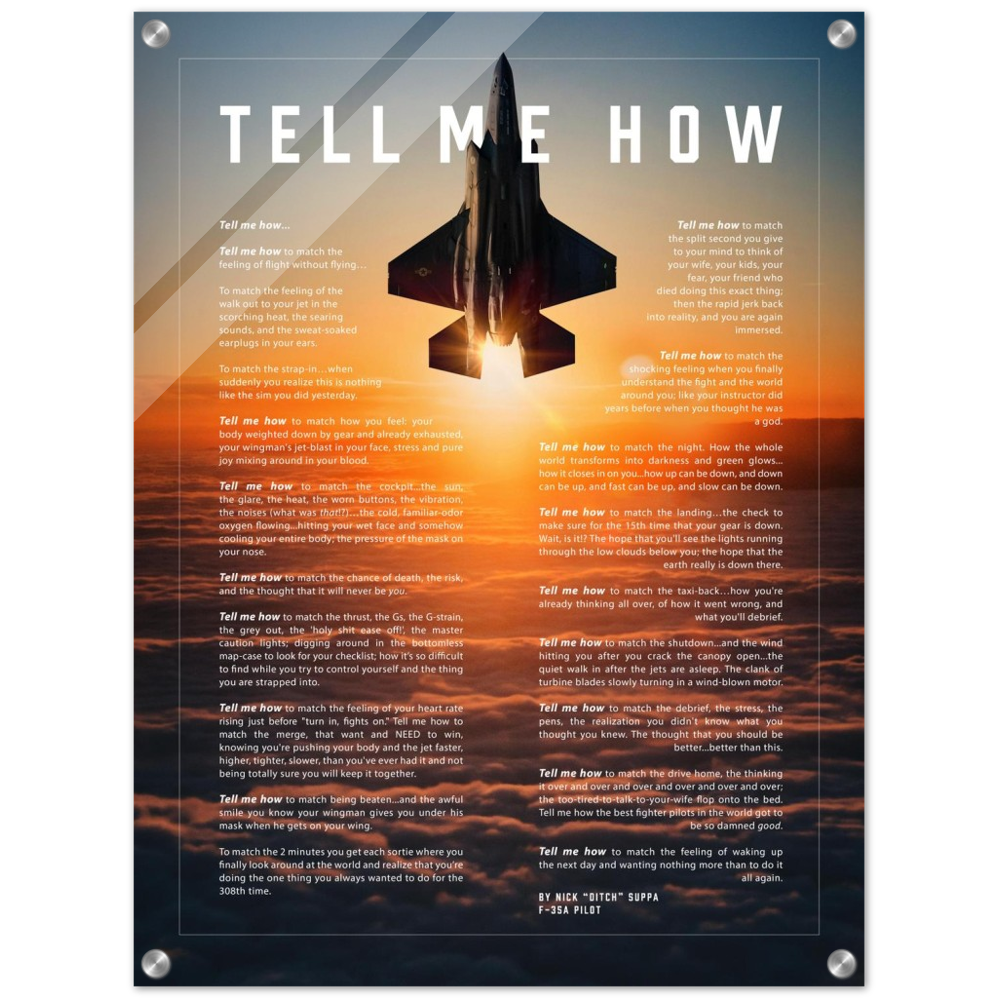 F-35A Acrylic print ready to hang with the Tell Me How description of military flight.