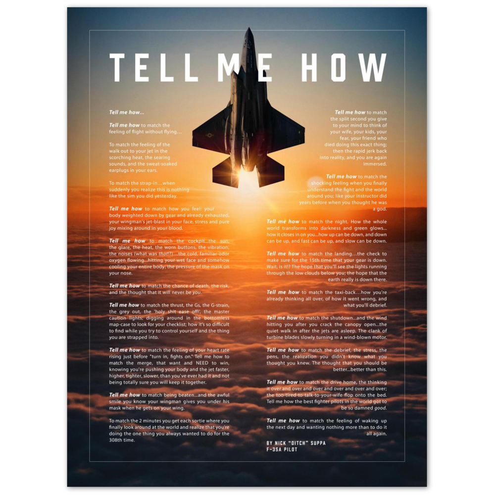 F-35A Metallic print ready to hang with the Tell Me How description of military flight.