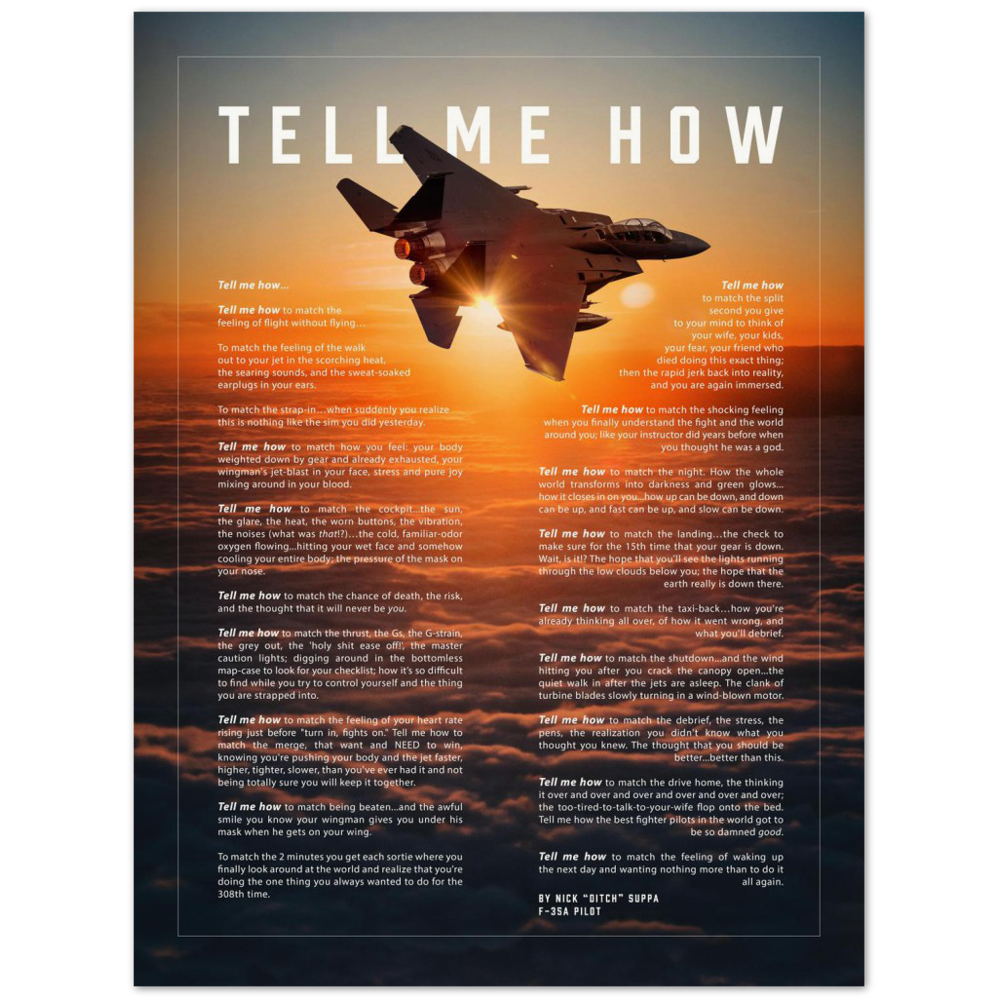 F-15E Strike Eagle on Archival Matte Paper Professional poster with the Tell Me How description of military flight.