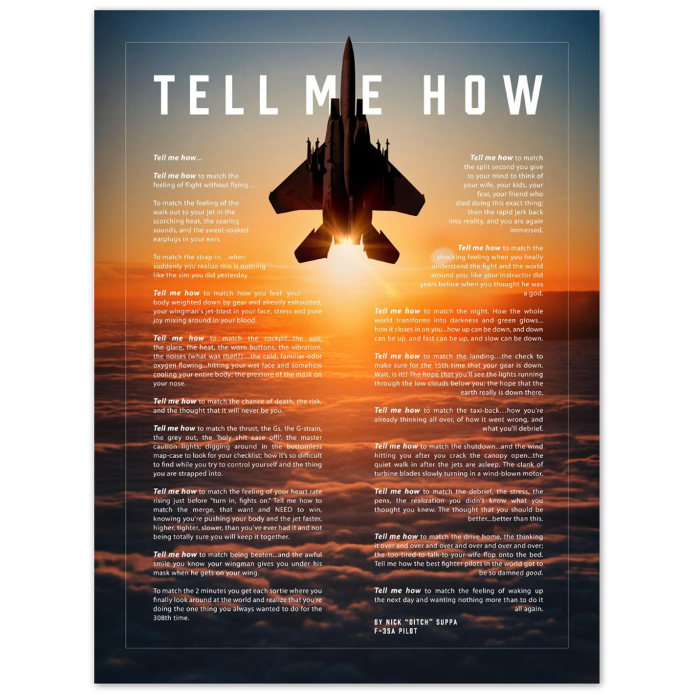 F-15 Eagle, Metallic print ready to hang with the Tell Me How description of military flight.