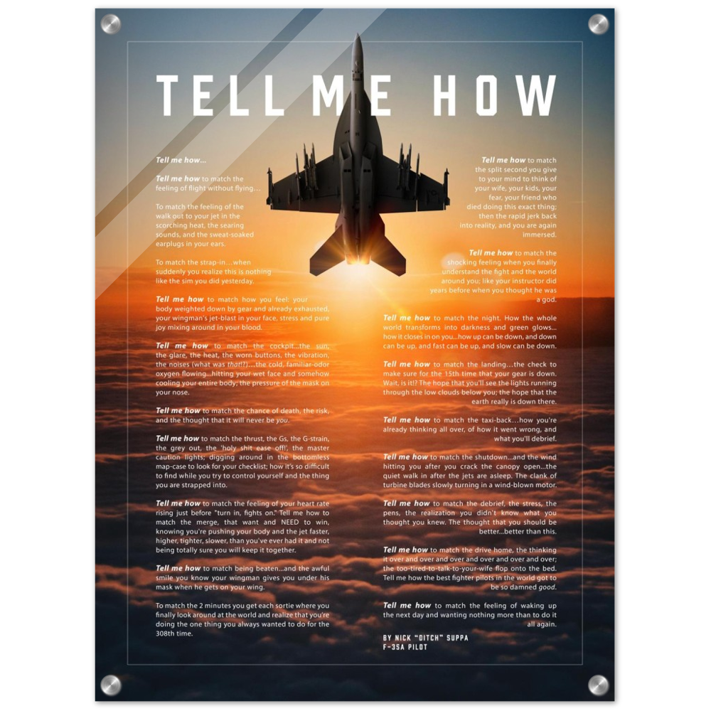 F/A-18E/F Super Hornet Acrylic print with the Tell Me How description of military flight
