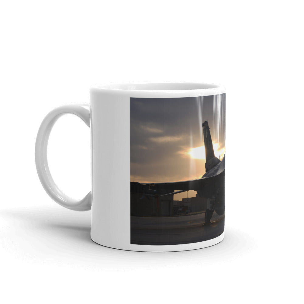 F-16 sunset on our white ceramic mug.
