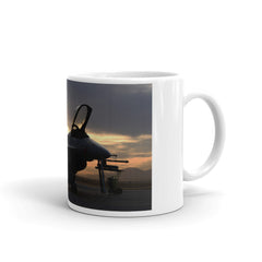 F-16 sunset on our white ceramic mug.