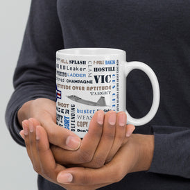 Say Again Mug With F-22 and Fighter Pilot Words.