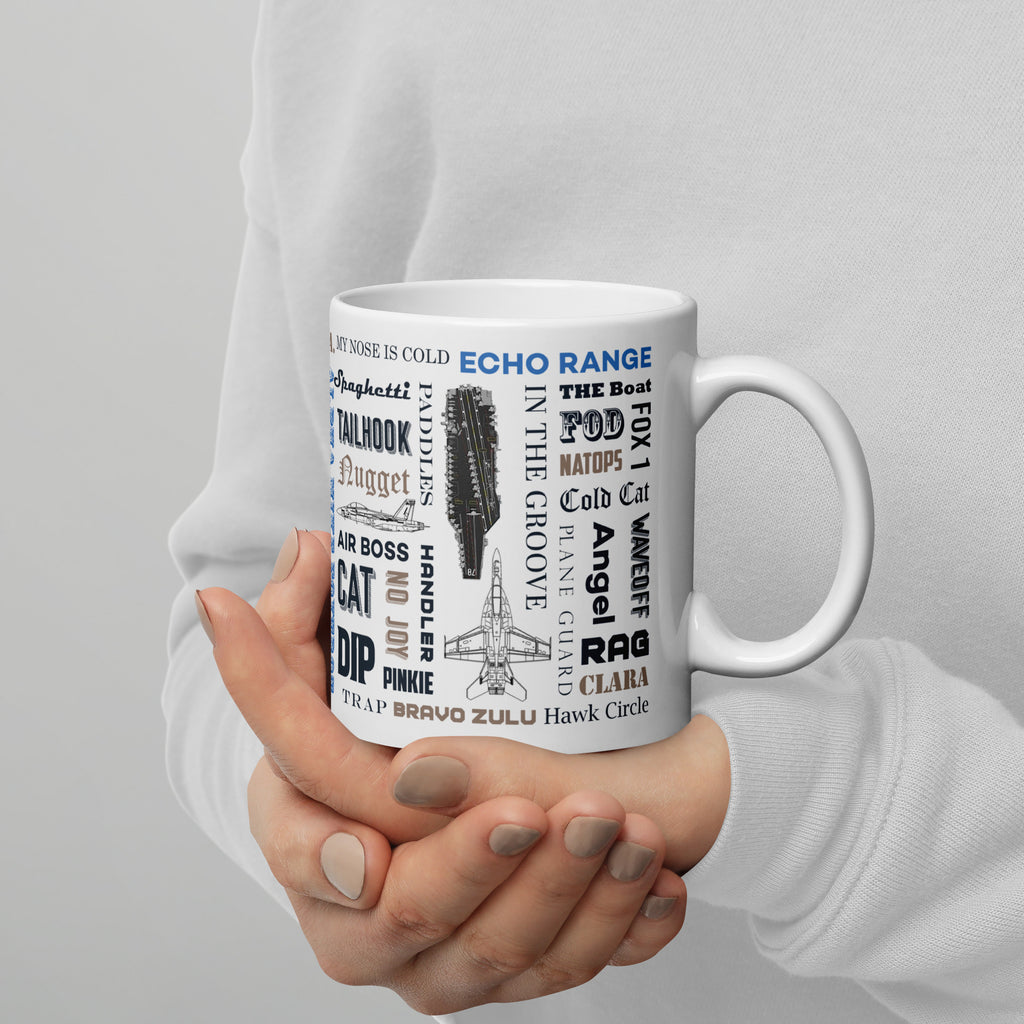 Naval Air "Say Again" Mug With F/A-18 Super Hornet and Language of Aircraft Carrier Flight Operations