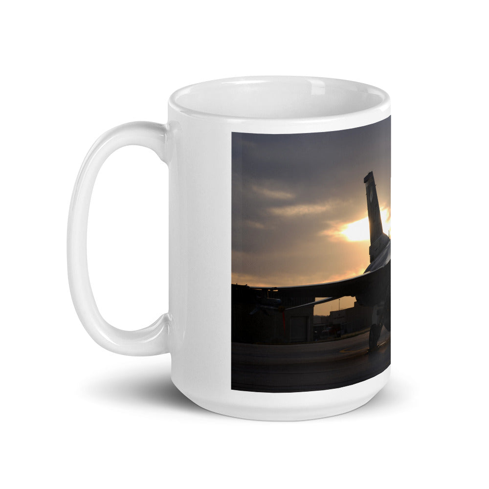 F-16 sunset on our white ceramic mug.