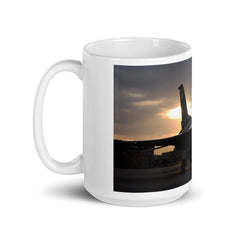 F-16 sunset on our white ceramic mug.