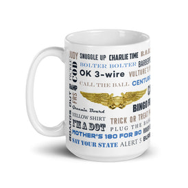 Naval Air Say Again Mug With NFO Wings and Language of Aircraft Carrier Flight Operations. Generic version.