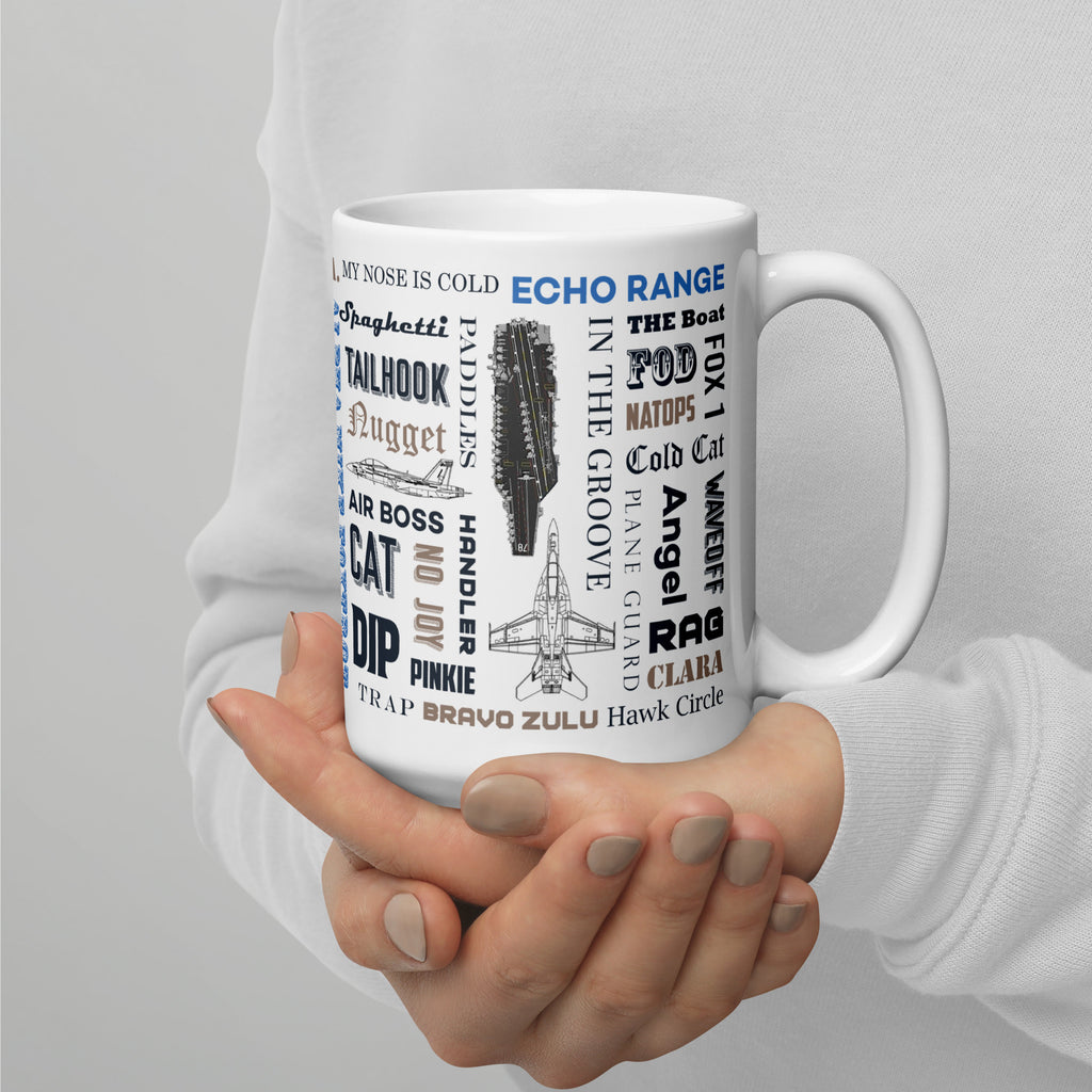 Naval Air "Say Again" Mug With F/A-18 Super Hornet and Language of Aircraft Carrier Flight Operations