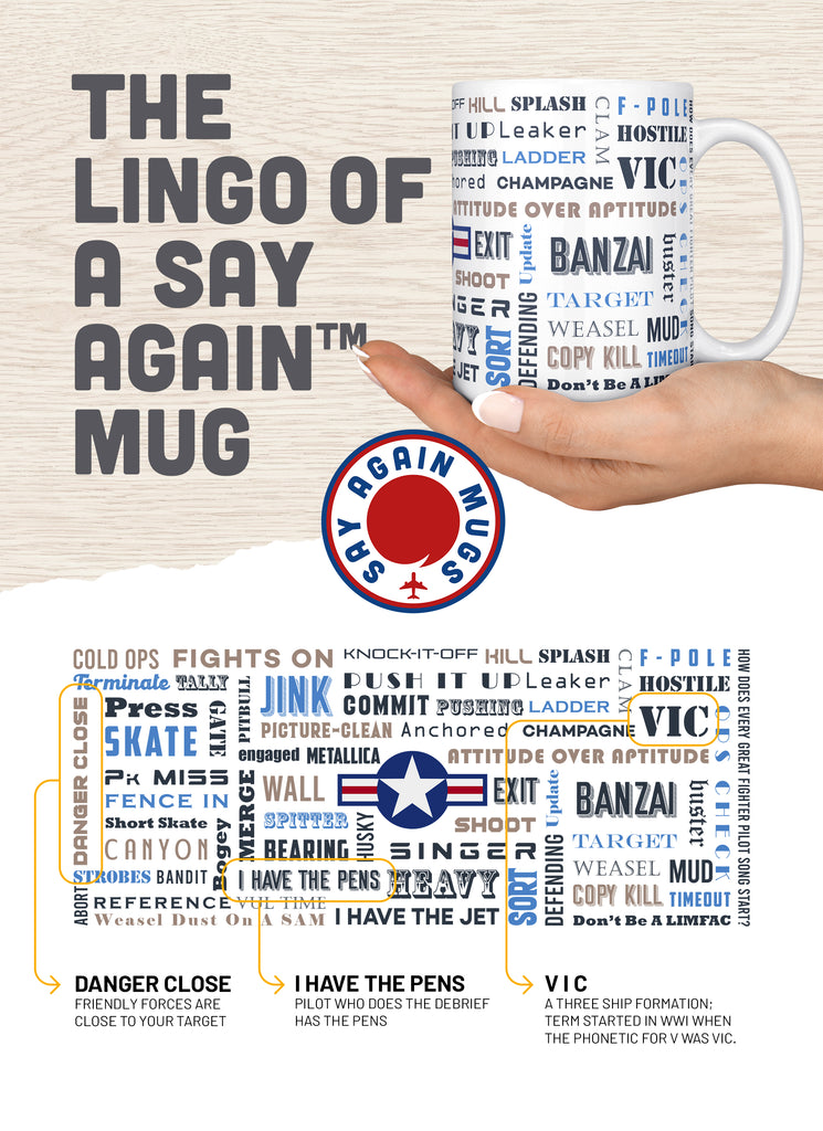 Say Again Mug With A-10 and Fighter Pilot Words.