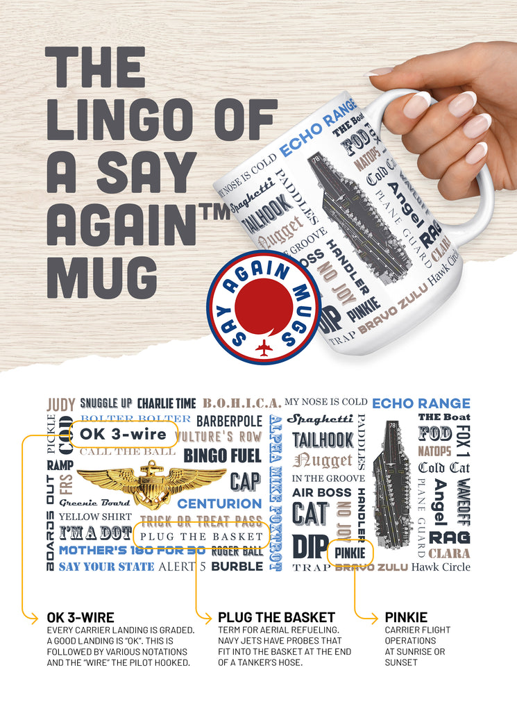 Naval Air "Say Again" Mug With F-18  Hornet and Language of Aircraft Carrier Flight Operations