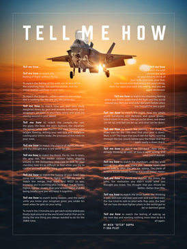 F-35B, sunset, with Tell Me How Ode to flight. Framed and ready to be hung on your wall