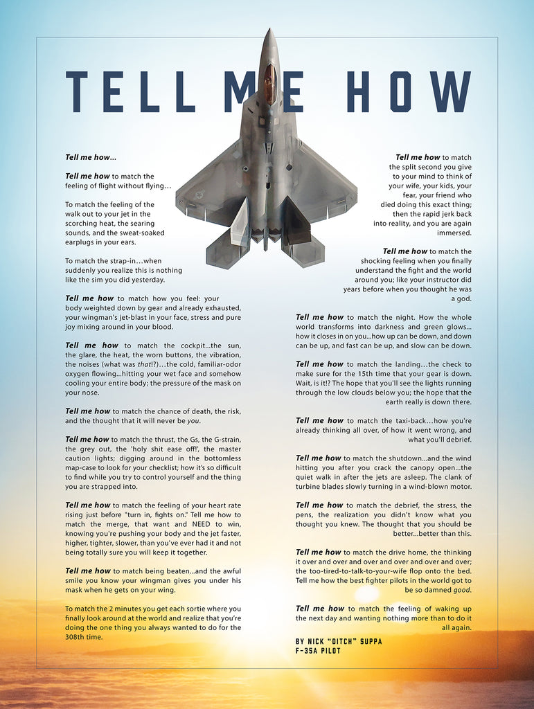 F-22 Raptor with the Tell Me How description of flight. This is a museum quality poster on ultra premium  luster photo paper.