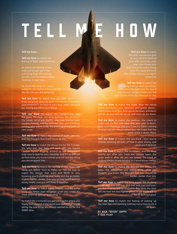 F-22 Raptor with the Tell Me How description of flight. This is a museum quality poster on ultra premium  luster photo paper.