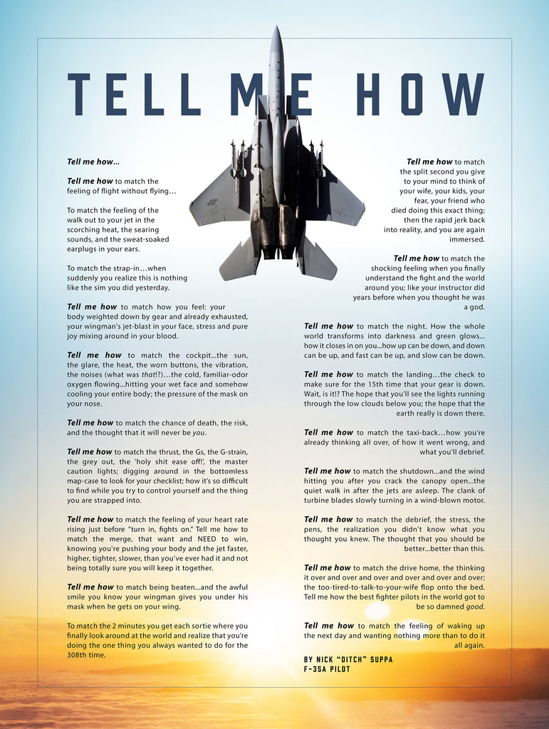 F-15 Eagle  with blue sky with the Tell Me How description of flight. This is a museum quality poster on ultra premium  luster photo paper.