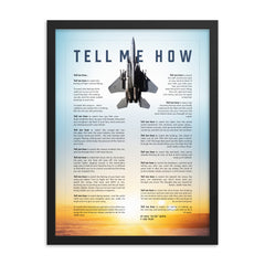 F-15 Eagle  with blue sky. Framed and ready to hang with the Tell Me How description of military flight.