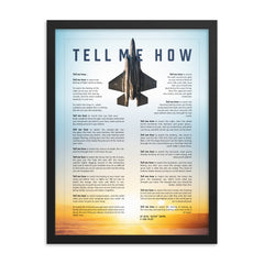F-35A with blue sky with Tell Me How Ode to flight. Framed and ready for hanging.