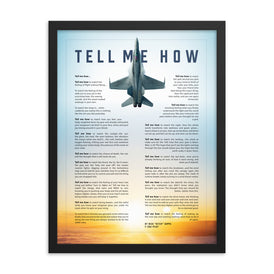 F-18C Hornet against blue sky. Framed and ready to hang with the Tell Me How description of military flight.