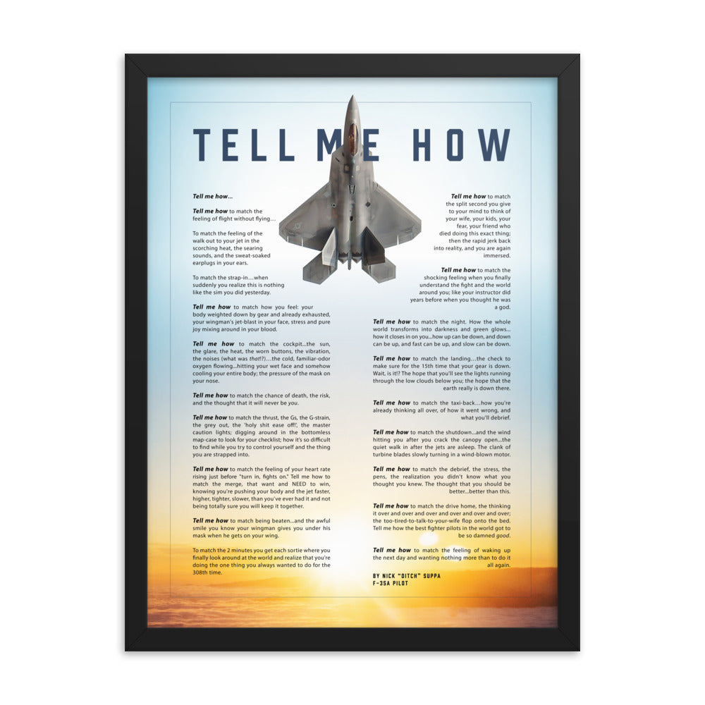 F-22 Raptor against a blue sky, with the Tell Me How description of flight, framed and ready for hanging.