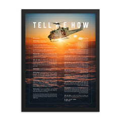 Huey, sunset, with Tell Me How ode to military flight,  framed and ready for hanging. Helicopter series.