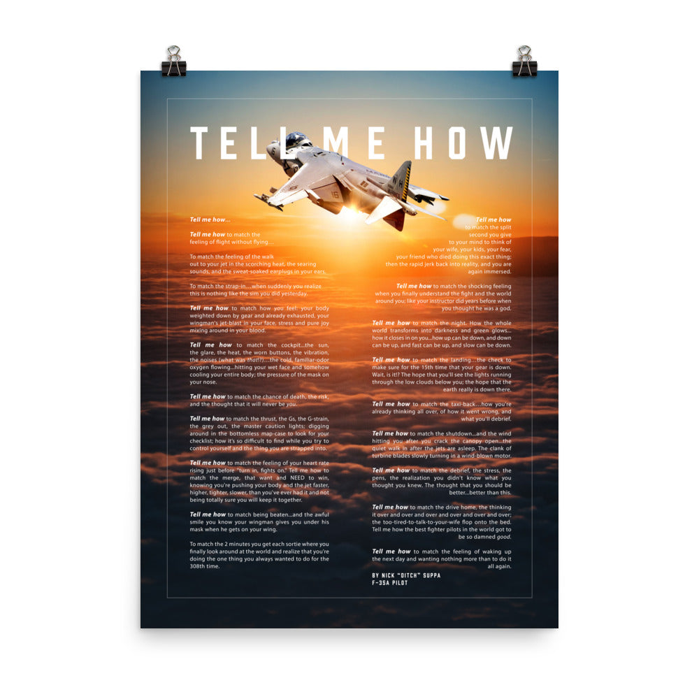 AV-8B sunset, Version 2, with the Tell Me How description of flight. This is a museum quality poster on ultra premium  luster photo paper.