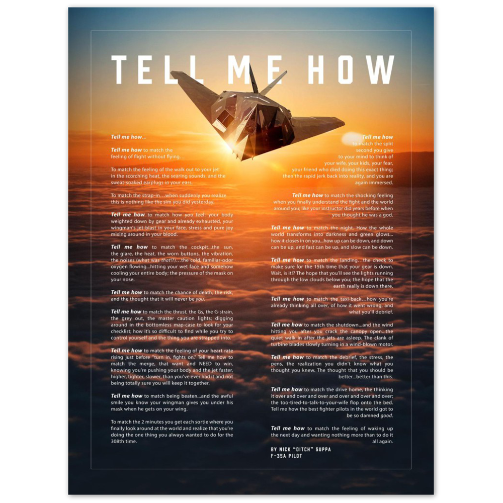 F-117 Nighthawk Metallic print ready to hang with the Tell Me How description of military flight.