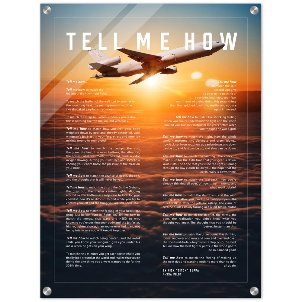 KC-10 Extender Acrylic print ready to hang with the Tell Me How description of military flight.