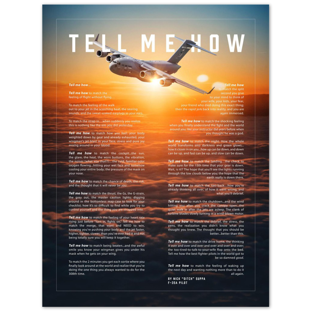 C-17 Metallic print ready to hang with the Tell Me How description of military flight.