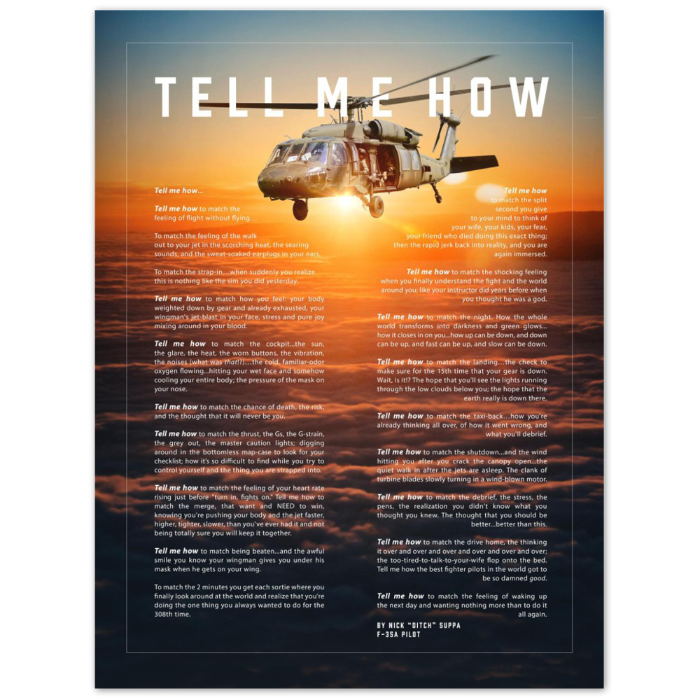 Blackhawk Metallic print ready to hang with the Tell Me How description of military flight. Helicopter series.
