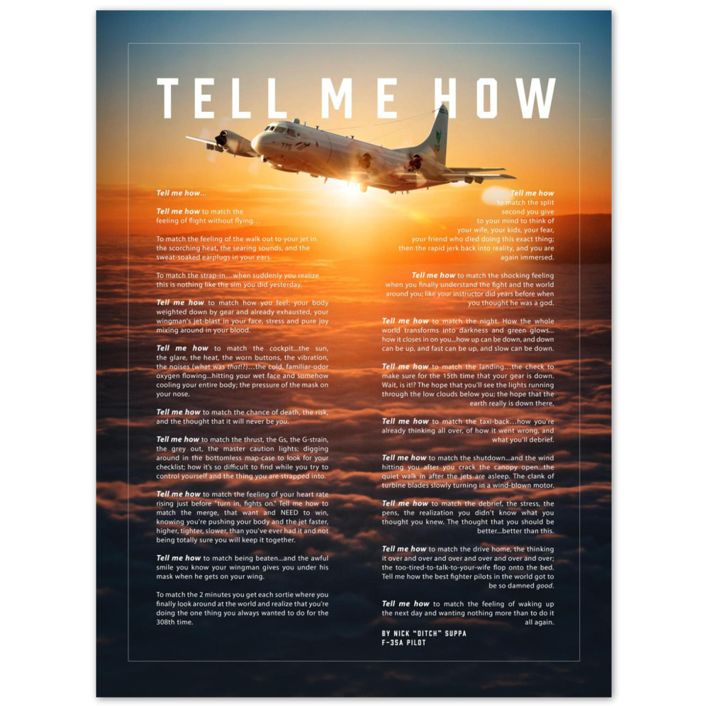P-3C Orion Metallic print ready to hang with the Tell Me How description of military flight.