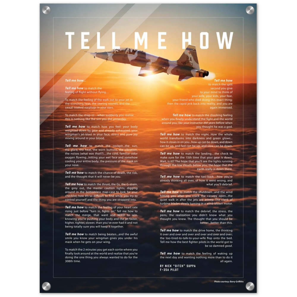 T-38 Talon Acrylic print ready to hang with the Tell Me How description of military flight.