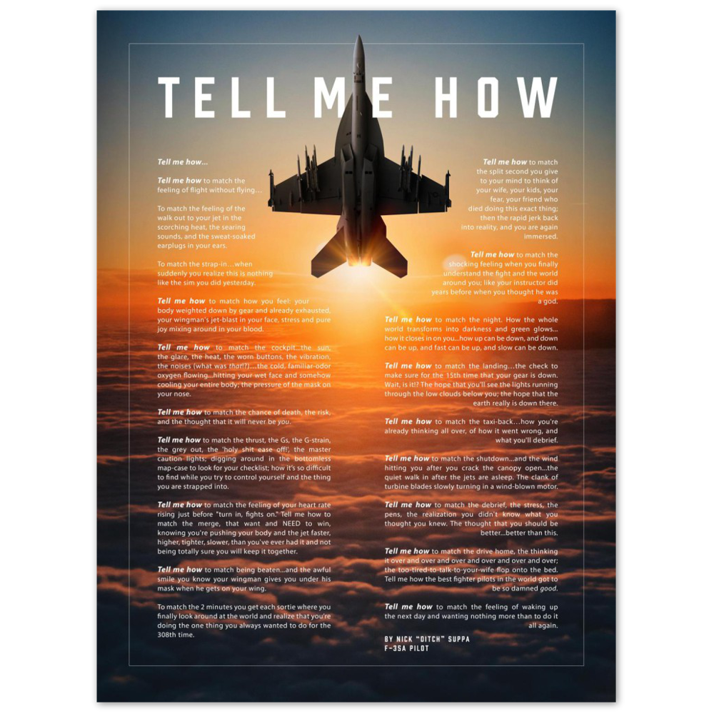 F/A-18E/F Super Hornet Metallic print ready to hang with the Tell Me How description of military flight.