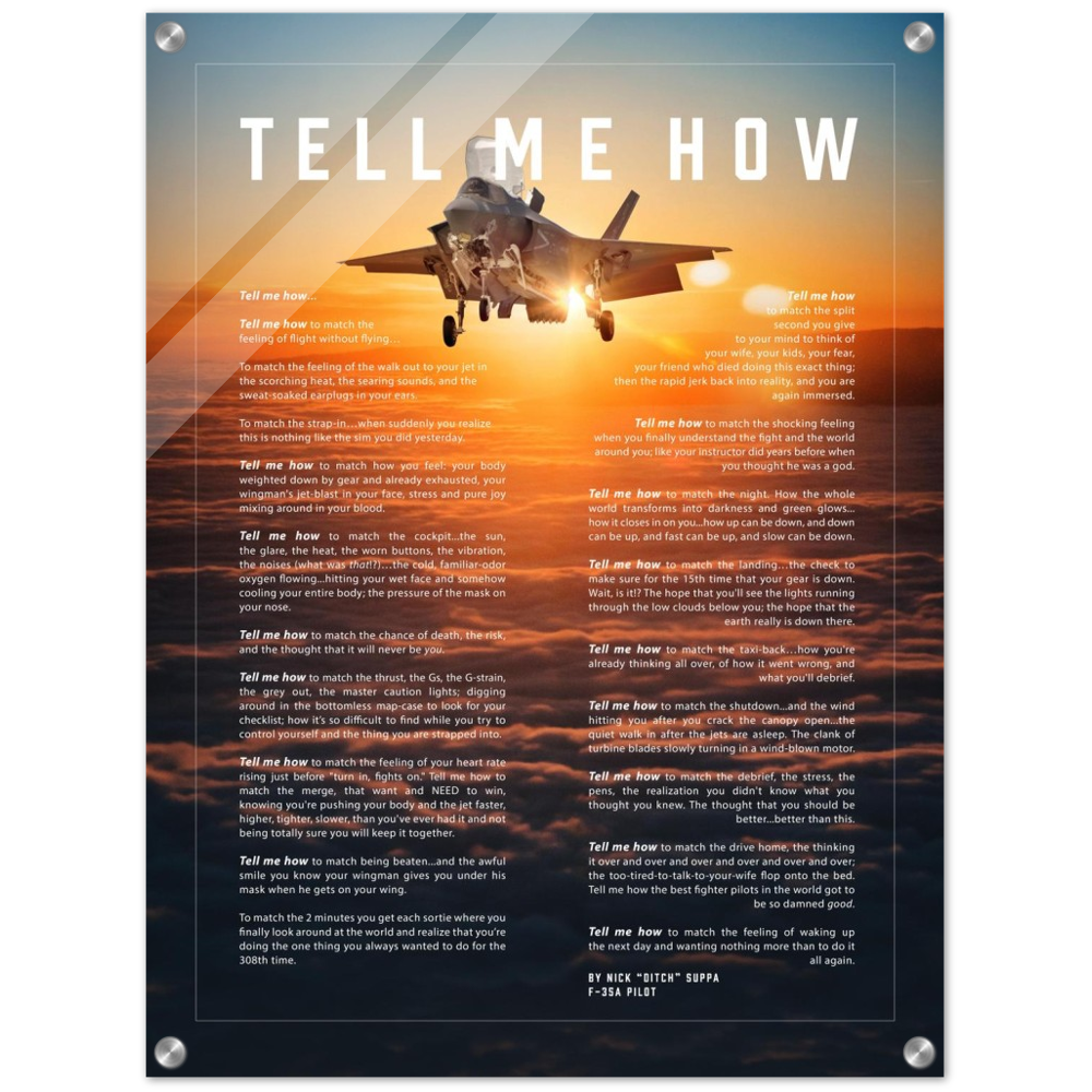 F-35B Acrylic print ready to hang with the Tell Me How description of military flight.