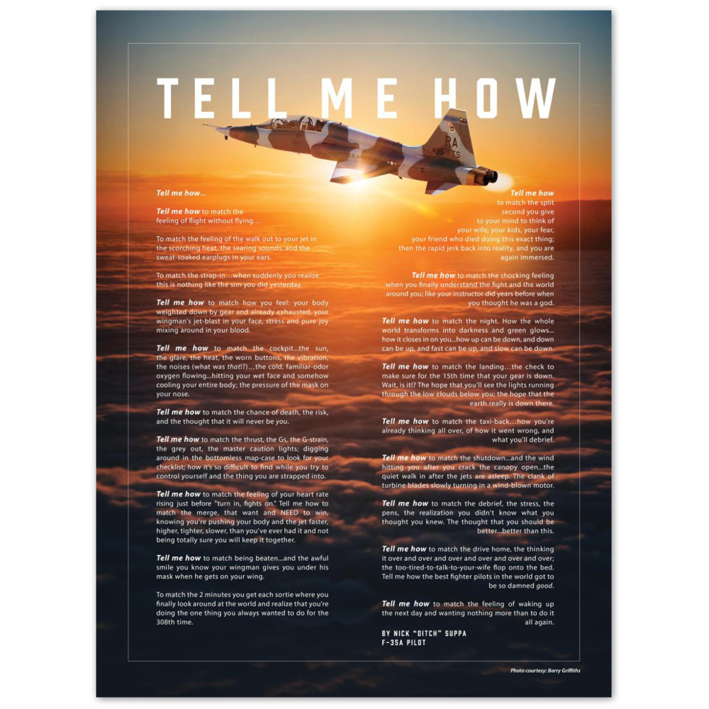 T-38 Metallic print ready to hang with the Tell Me How description of military flight.