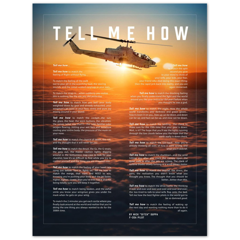 Cobra Metallic print ready to hang with the Tell Me How description of military flight. Helicopter series.