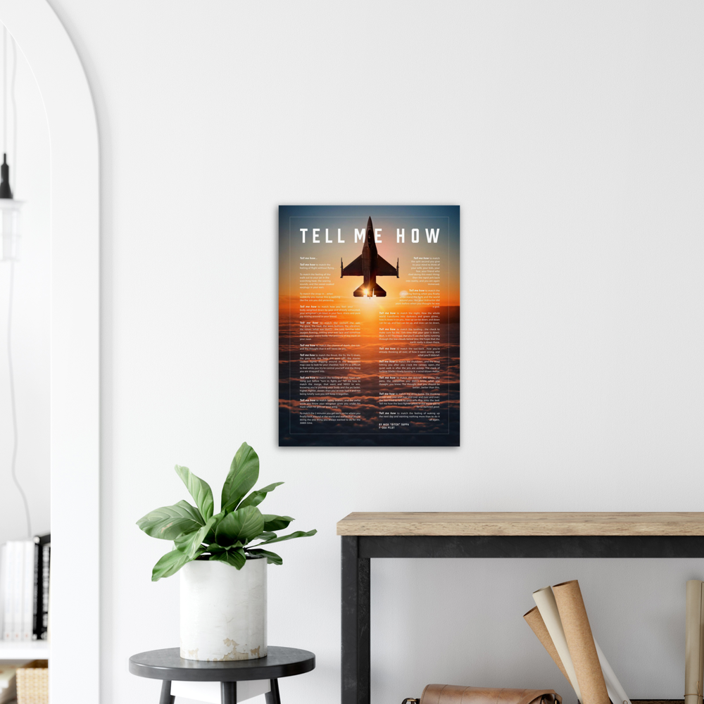 F-16 Viper, Metallic print ready to hang with the Tell Me How description of military flight.