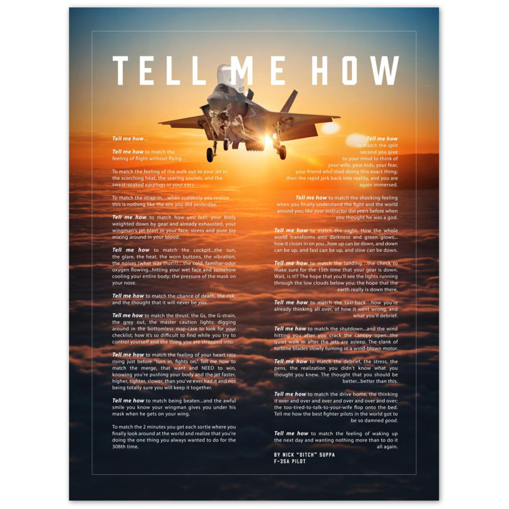 F-35B Metallic print ready to hang with the Tell Me How description of military flight.