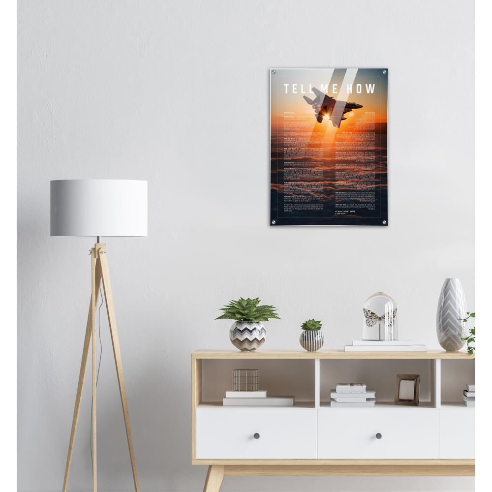 F-15E Strike Eagle Acrylic print ready to hang with the Tell Me How description of military flight.