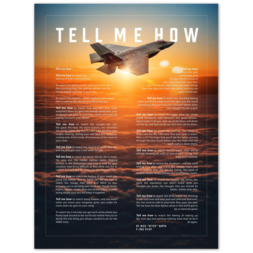 F-35C Metallic print ready to hang with the Tell Me How description of military flight.