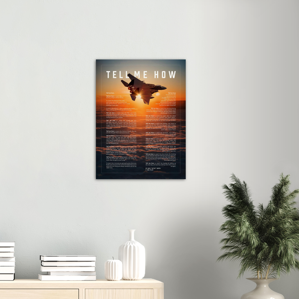 F-15E Strike Eagle on Archival Matte Paper Professional poster with the Tell Me How description of military flight.