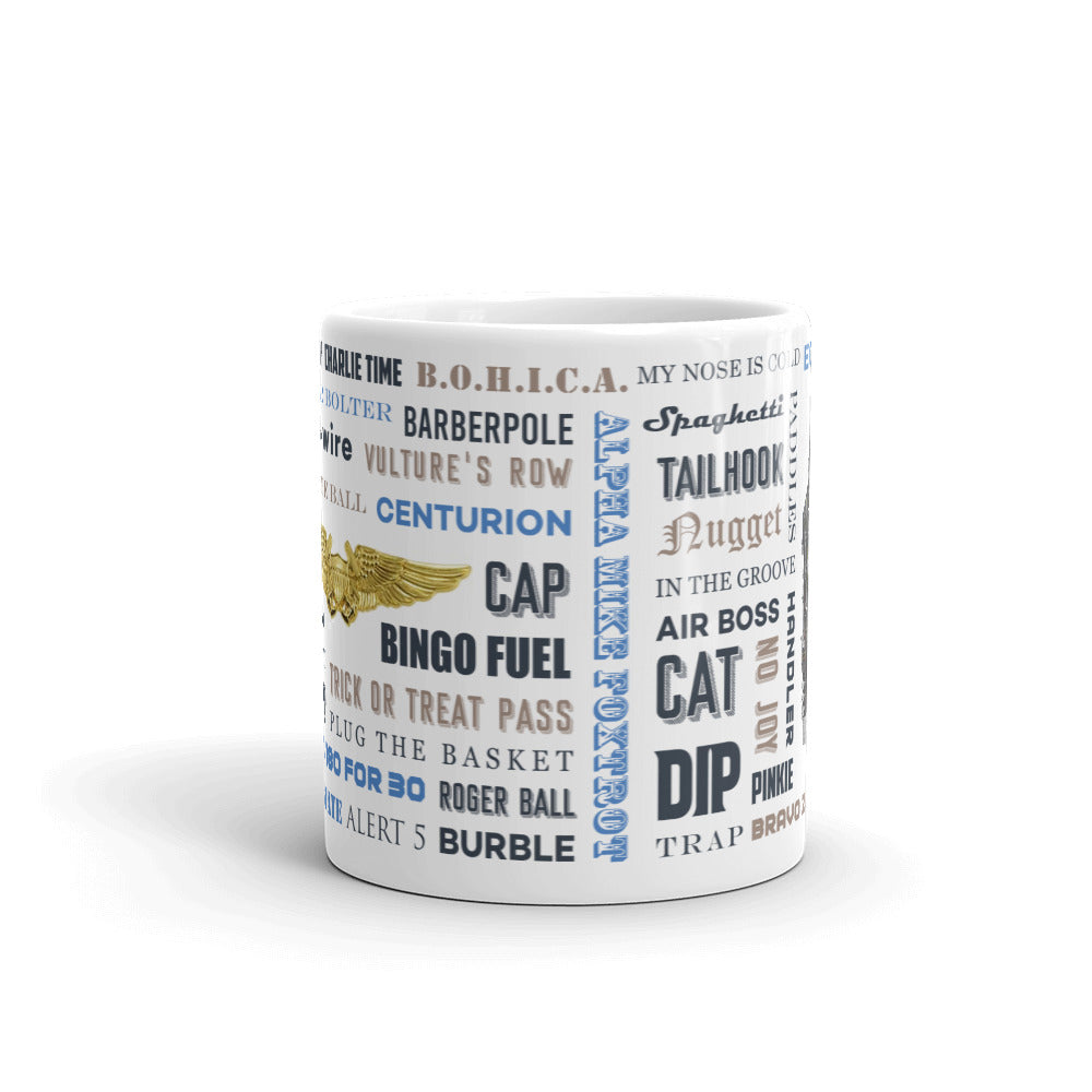 Naval Air Say Again Mug With NFO Wings and Language of Aircraft Carrier Flight Operations. Generic version.