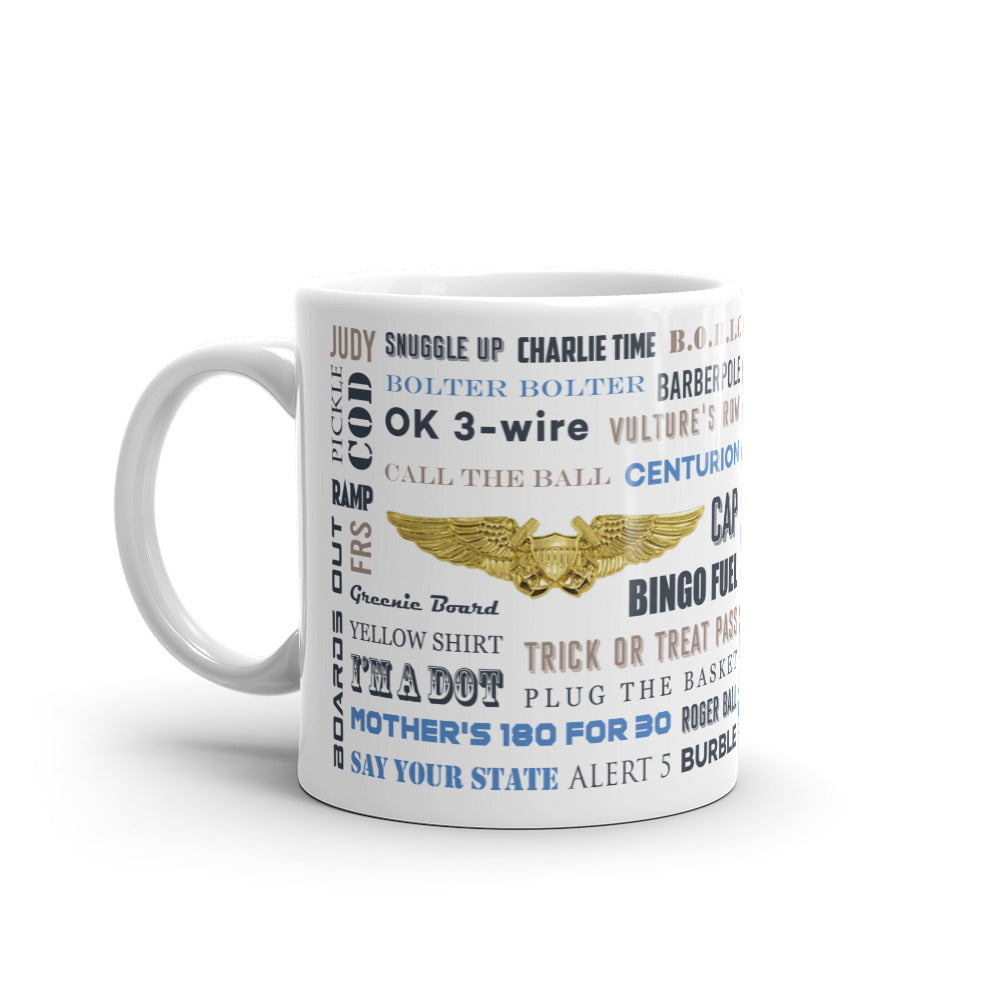 Naval Air Say Again Mug With NFO Wings and Language of Aircraft Carrier Flight Operations. Generic version.