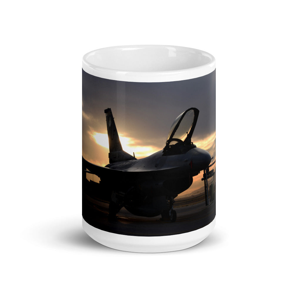 F-16 sunset on our white ceramic mug.