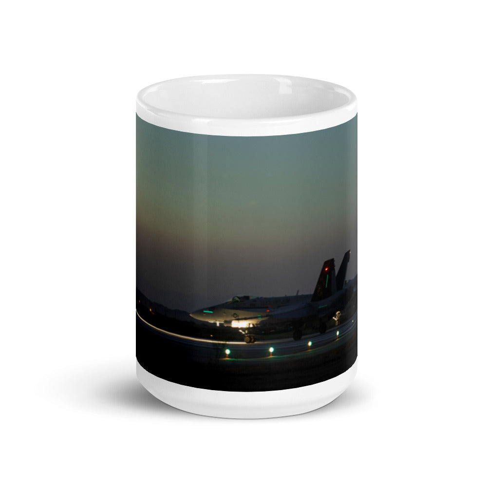 Super Hornets On The Runway On Our White glossy mug