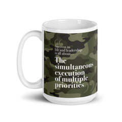 Inspirational art. Success is all about....The Simultaneous Execution of Multiple Priorities. White glossy mug