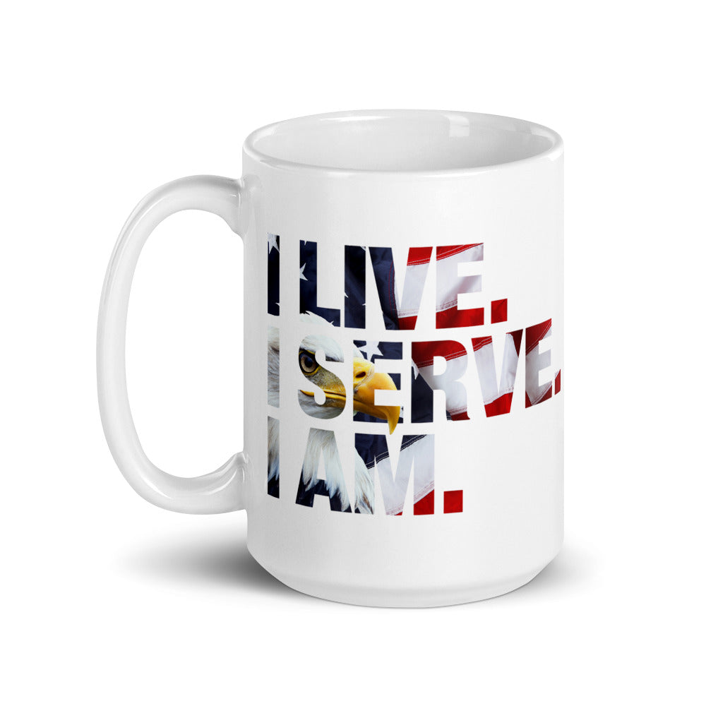I Live. I Serve. White glossy mug