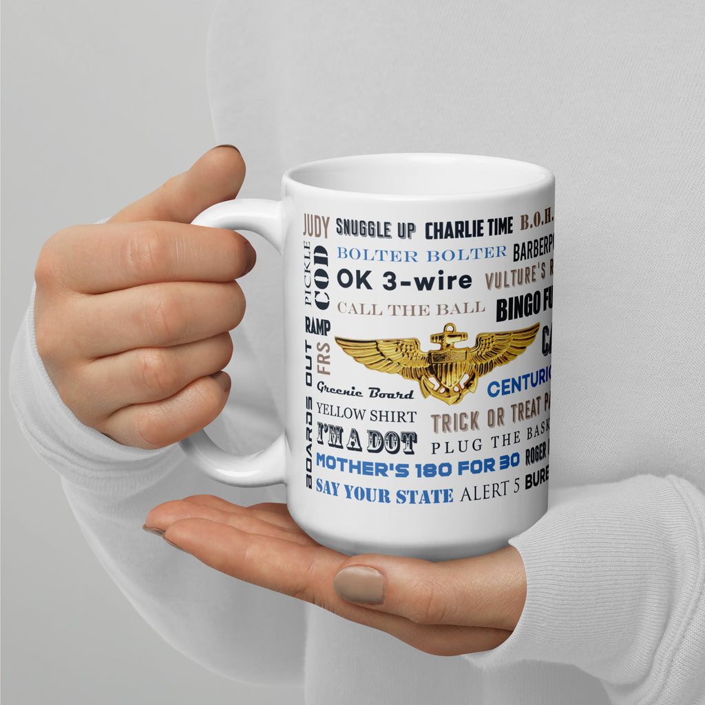 Naval Air "Say Again" Mug With F/A-18 Super Hornet and Language of Aircraft Carrier Flight Operations