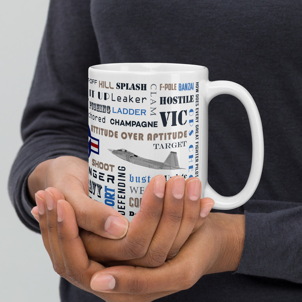 Say Again Mug With F-22 and Fighter Pilot Words.